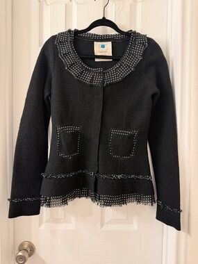 Sparrow by Anthropologie Black Ruffle-Trimmed Embellished Wool Cardigan Size S